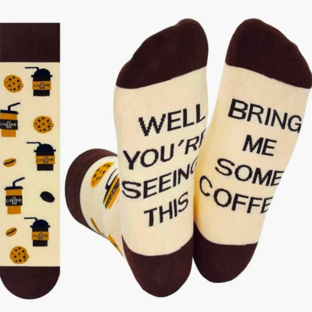 New Coffee-Themed Brown and Cream Unisex Novelty Socks